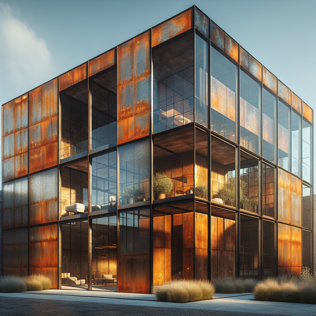 Hyperrealistic industrial-chic building with glass and rusted Corten steel, showcasing modern architecture and harmonious material contrast.