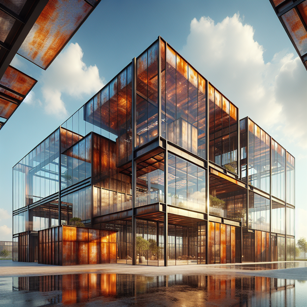 Hyperrealistic industrial-chic building with glass and rusted Corten steel, showcasing modern architecture and harmonious material contrast.