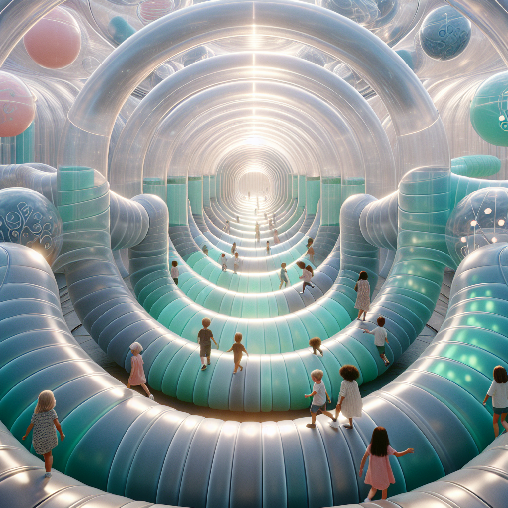 Hyperrealistic translucent inflatable labyrinth playground for children in pastel blues, greens, and magentas with sunlight and sustainable design.