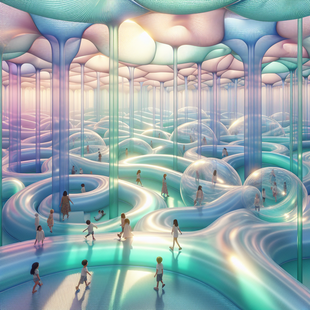 Hyperrealistic translucent inflatable labyrinth playground for children in pastel blues, greens, and magentas with sunlight and sustainable design.