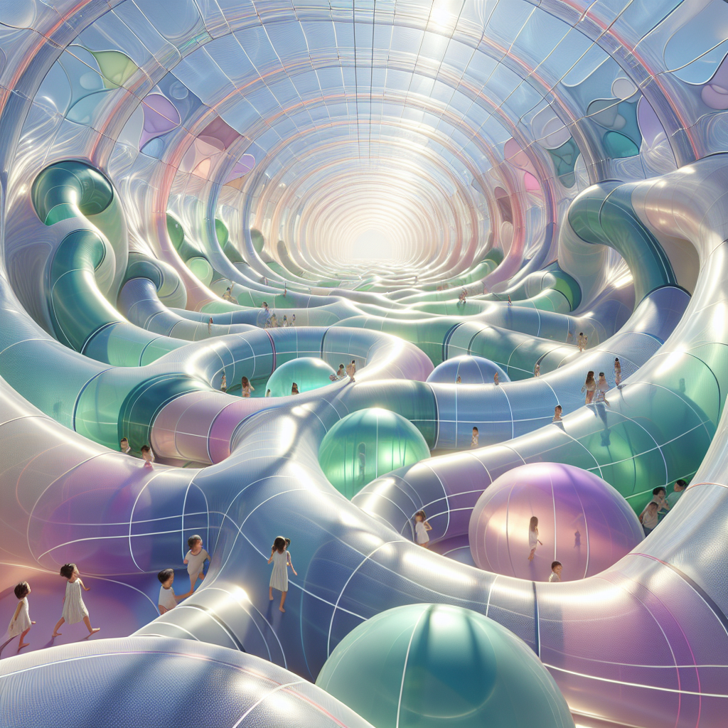 Hyperrealistic translucent inflatable labyrinth playground for children in pastel blues, greens, and magentas with sunlight and sustainable design.