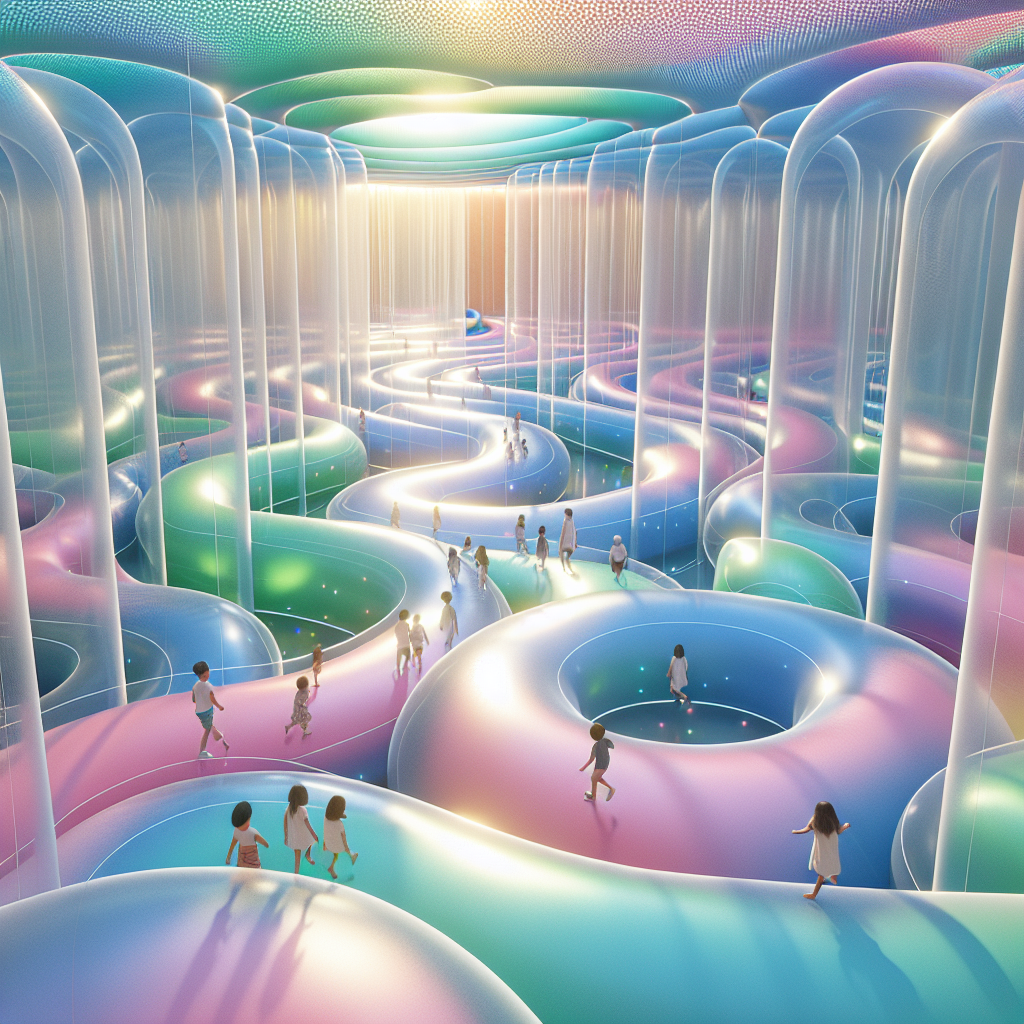 Hyperrealistic translucent inflatable labyrinth playground for children in pastel blues, greens, and magentas with sunlight and sustainable design.