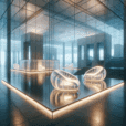 Hyperrealistic futuristic gallery with translucent inflatable TPU chairs glowing with sensors amid minimalist glass architecture and soft lighting.