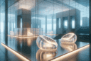 Hyperrealistic futuristic gallery with translucent inflatable TPU chairs glowing with sensors amid minimalist glass architecture and soft lighting.