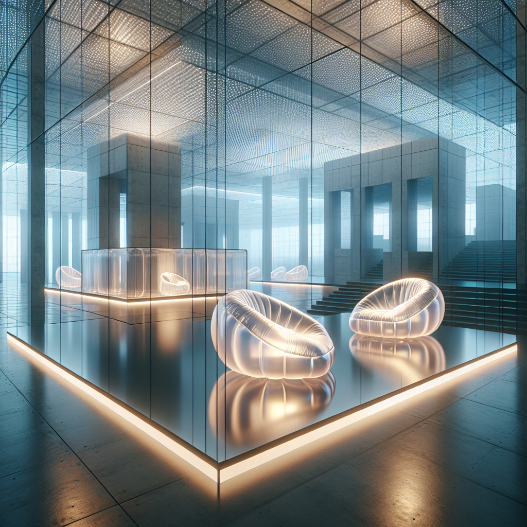 Hyperrealistic futuristic gallery with translucent inflatable TPU chairs glowing with sensors amid minimalist glass architecture and soft lighting.