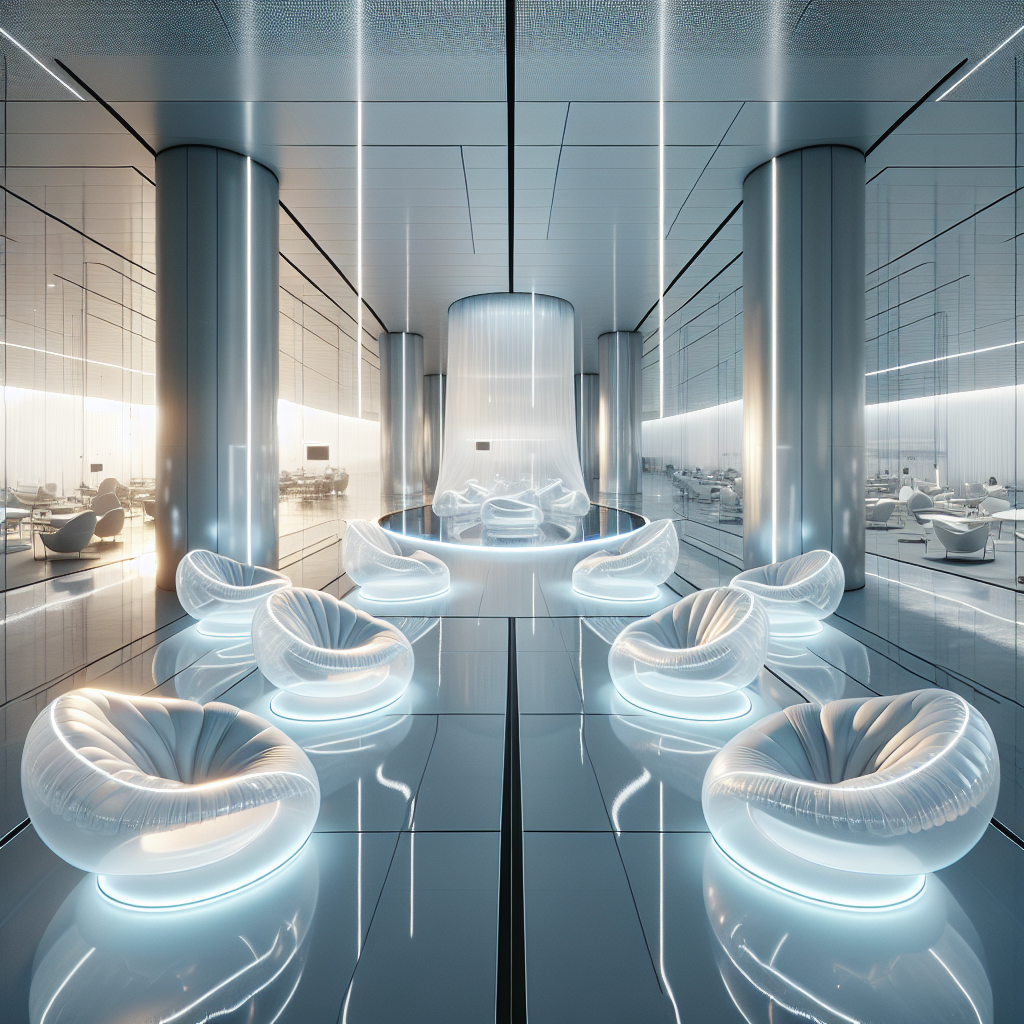 Hyperrealistic futuristic gallery with translucent inflatable TPU chairs glowing with sensors amid minimalist glass architecture and soft lighting.