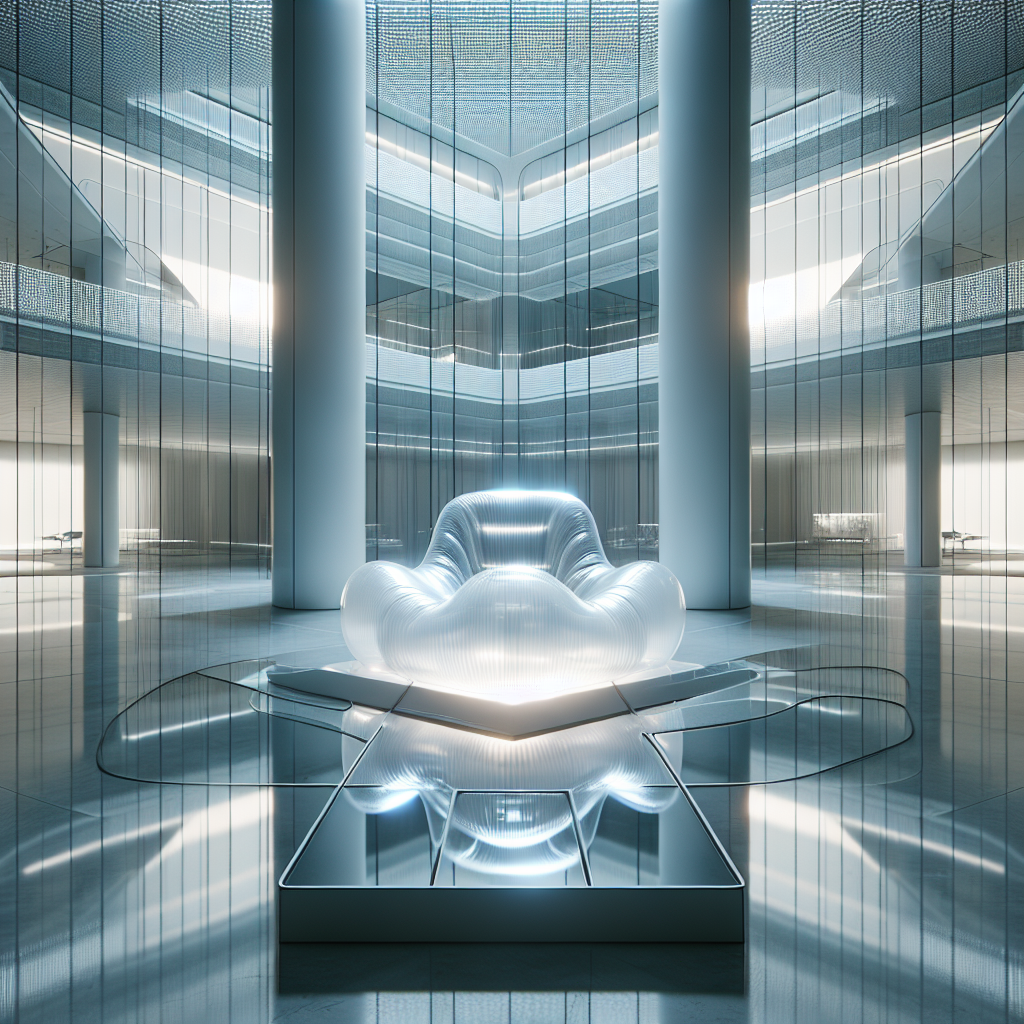 Hyperrealistic futuristic gallery with translucent inflatable TPU chairs glowing with sensors amid minimalist glass architecture and soft lighting.