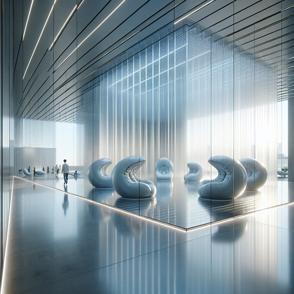 Hyperrealistic futuristic gallery with translucent inflatable TPU chairs glowing with sensors amid minimalist glass architecture and soft lighting.