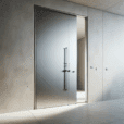 Hyperrealist minimalist interior with flush-mounted door, invisible hinges, matte plaster wall, seamless modern design, and soft natural light.