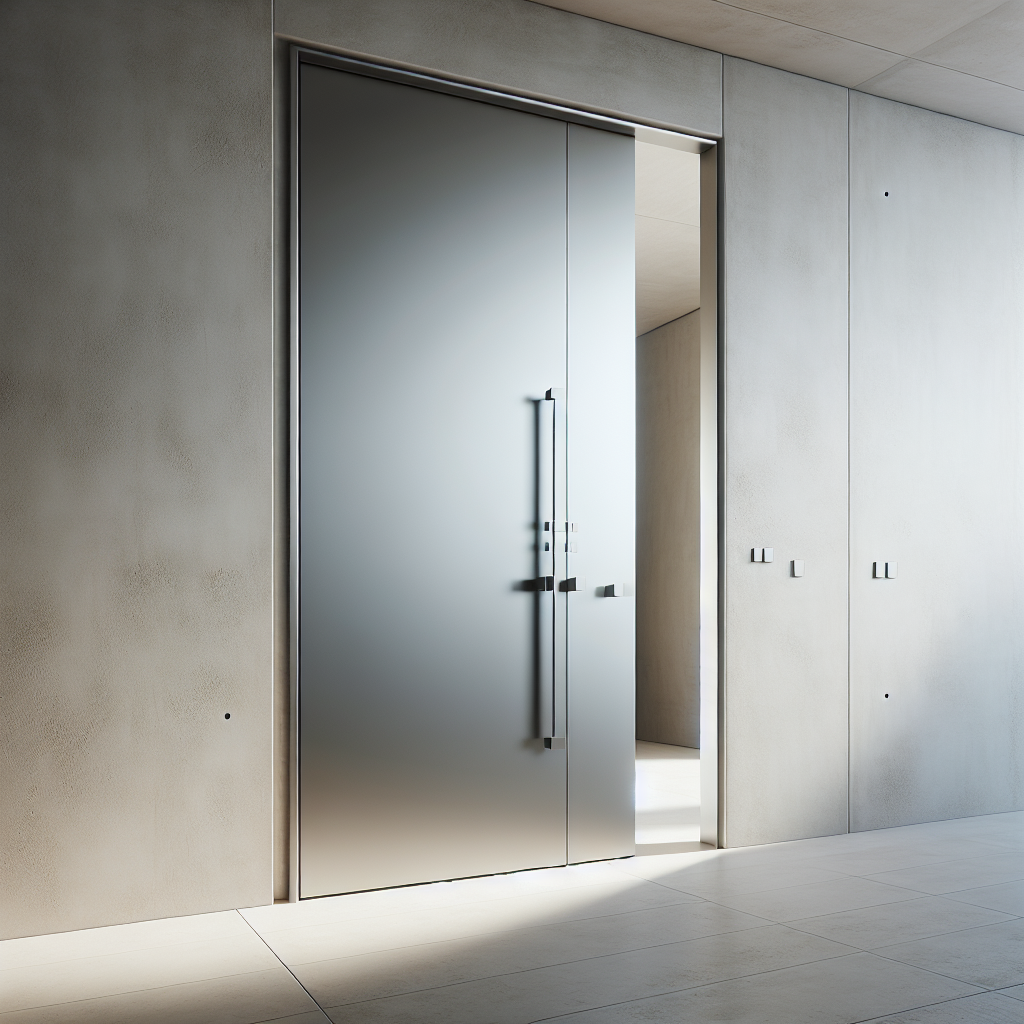 Hyperrealist minimalist interior with flush-mounted door, invisible hinges, matte plaster wall, seamless modern design, and soft natural light.