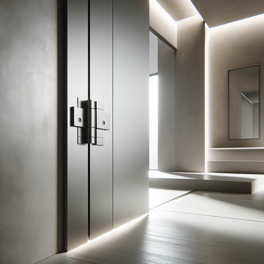 Hyperrealist minimalist interior with flush-mounted door, invisible hinges, matte plaster wall, seamless modern design, and soft natural light.