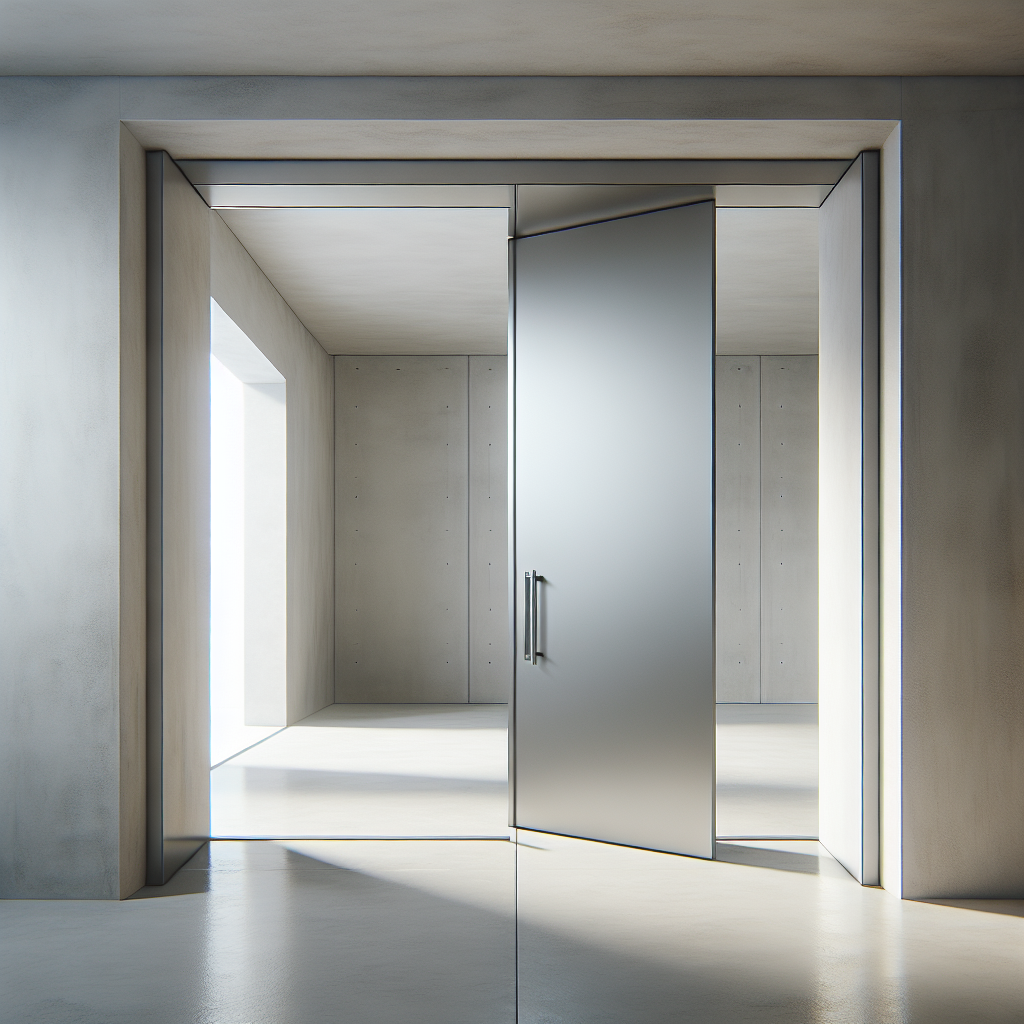 Hyperrealist minimalist interior with flush-mounted door, invisible hinges, matte plaster wall, seamless modern design, and soft natural light.