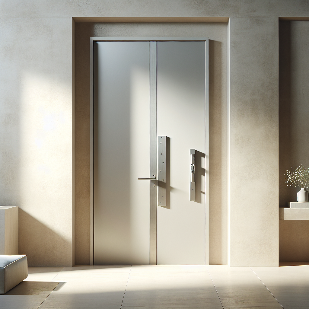 Hyperrealist minimalist interior with flush-mounted door, invisible hinges, matte plaster wall, seamless modern design, and soft natural light.
