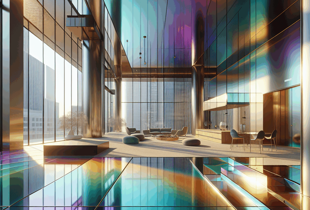 Hyperrealistic futuristic interior with iridescent color-shifting floor panels, sunlight reflections, glass and steel minimalist design.