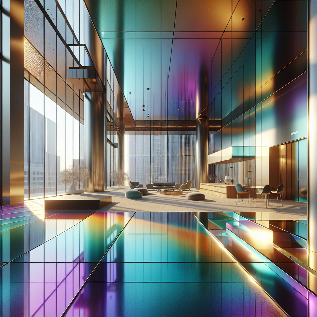 Hyperrealistic futuristic interior with iridescent color-shifting floor panels, sunlight reflections, glass and steel minimalist design.
