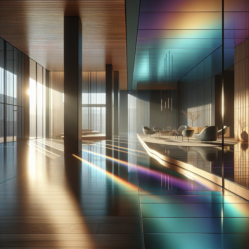 Hyperrealistic futuristic interior with iridescent color-shifting floor panels, sunlight reflections, glass and steel minimalist design.