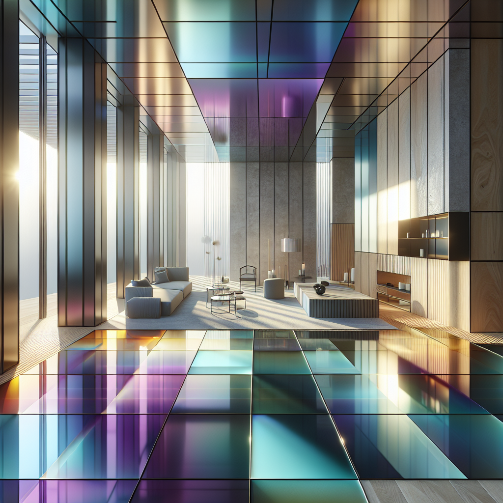 Hyperrealistic futuristic interior with iridescent color-shifting floor panels, sunlight reflections, glass and steel minimalist design.