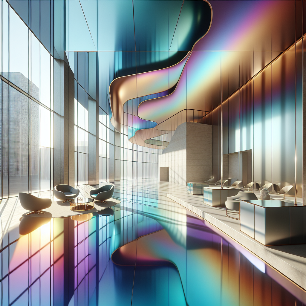 Hyperrealistic futuristic interior with iridescent color-shifting floor panels, sunlight reflections, glass and steel minimalist design.