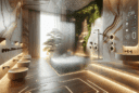 Hyperrealistic luxurious kinetic bathroom spa with marble, onyx, rainfall shower, digital mirrors, greenery, and tranquil biophilic design.