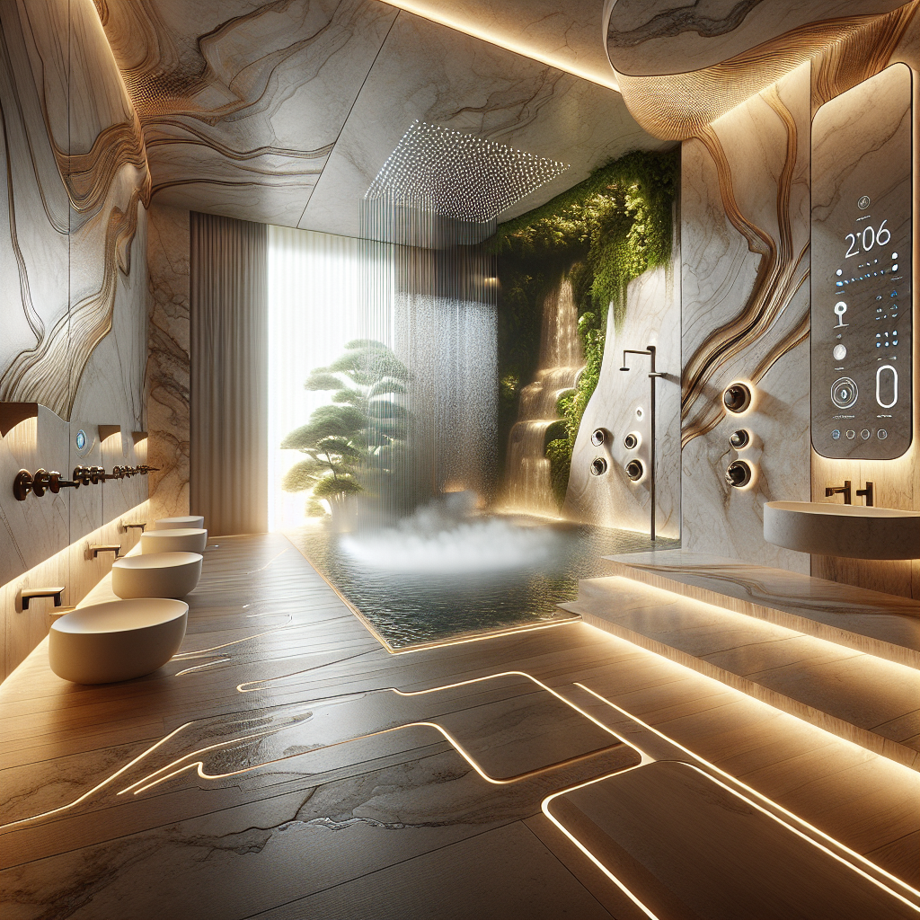 Hyperrealistic luxurious kinetic bathroom spa with marble, onyx, rainfall shower, digital mirrors, greenery, and tranquil biophilic design.