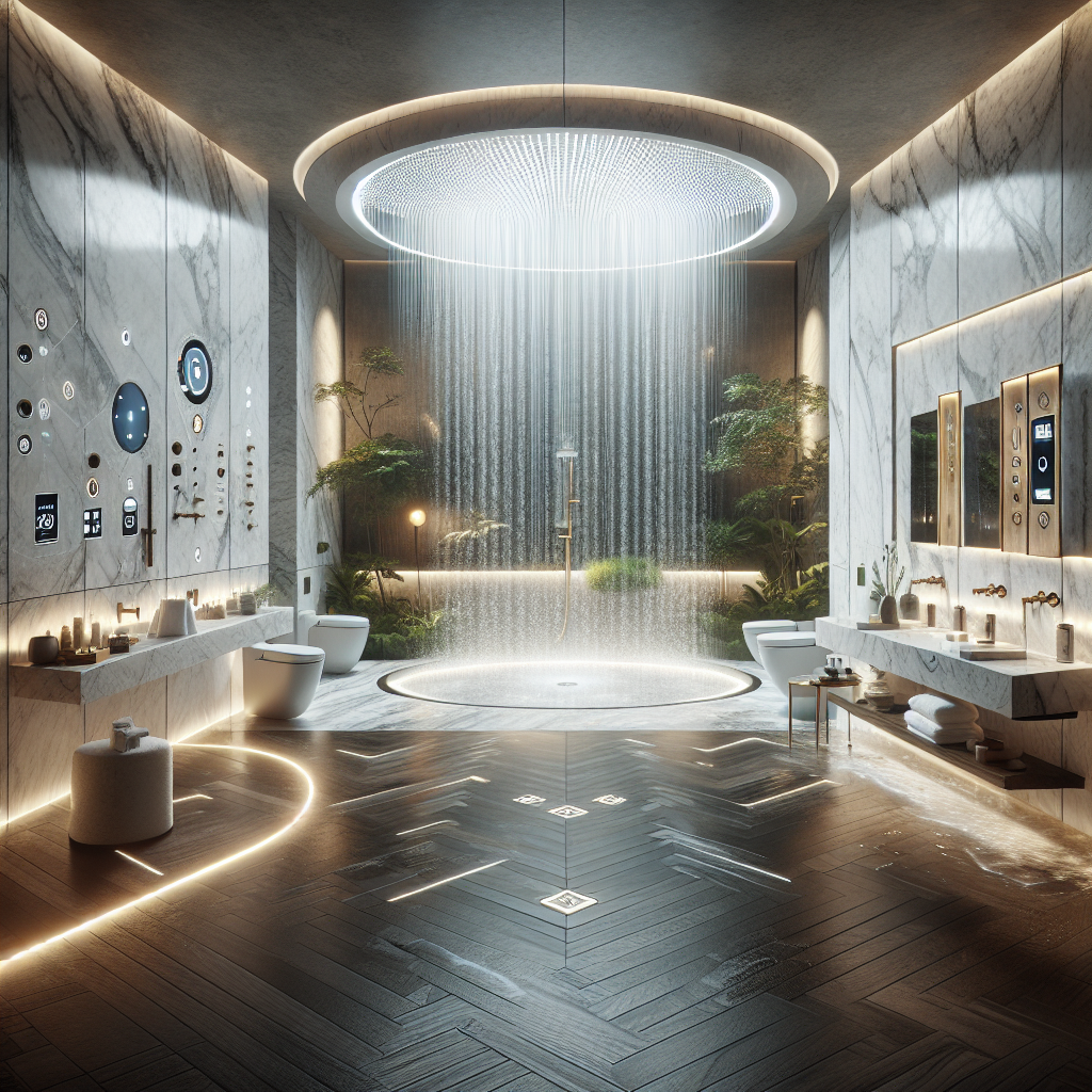 Hyperrealistic luxurious kinetic bathroom spa with marble, onyx, rainfall shower, digital mirrors, greenery, and tranquil biophilic design.