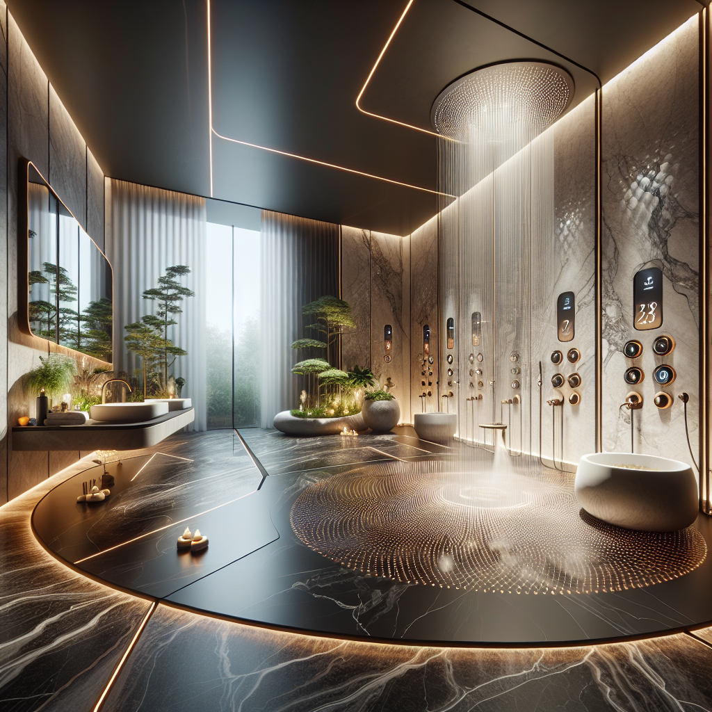 Hyperrealistic luxurious kinetic bathroom spa with marble, onyx, rainfall shower, digital mirrors, greenery, and tranquil biophilic design.