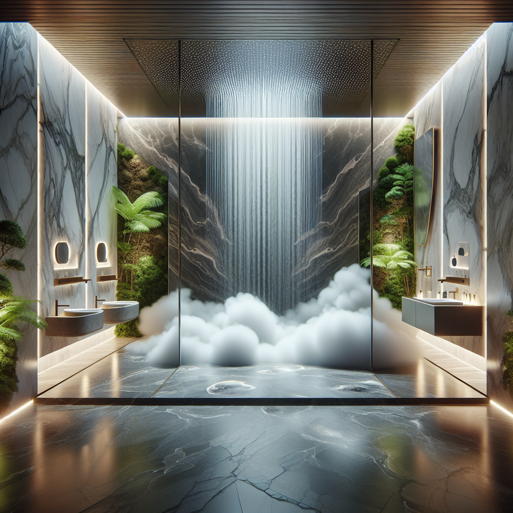 Hyperrealistic luxurious kinetic bathroom spa with marble, onyx, rainfall shower, digital mirrors, greenery, and tranquil biophilic design.