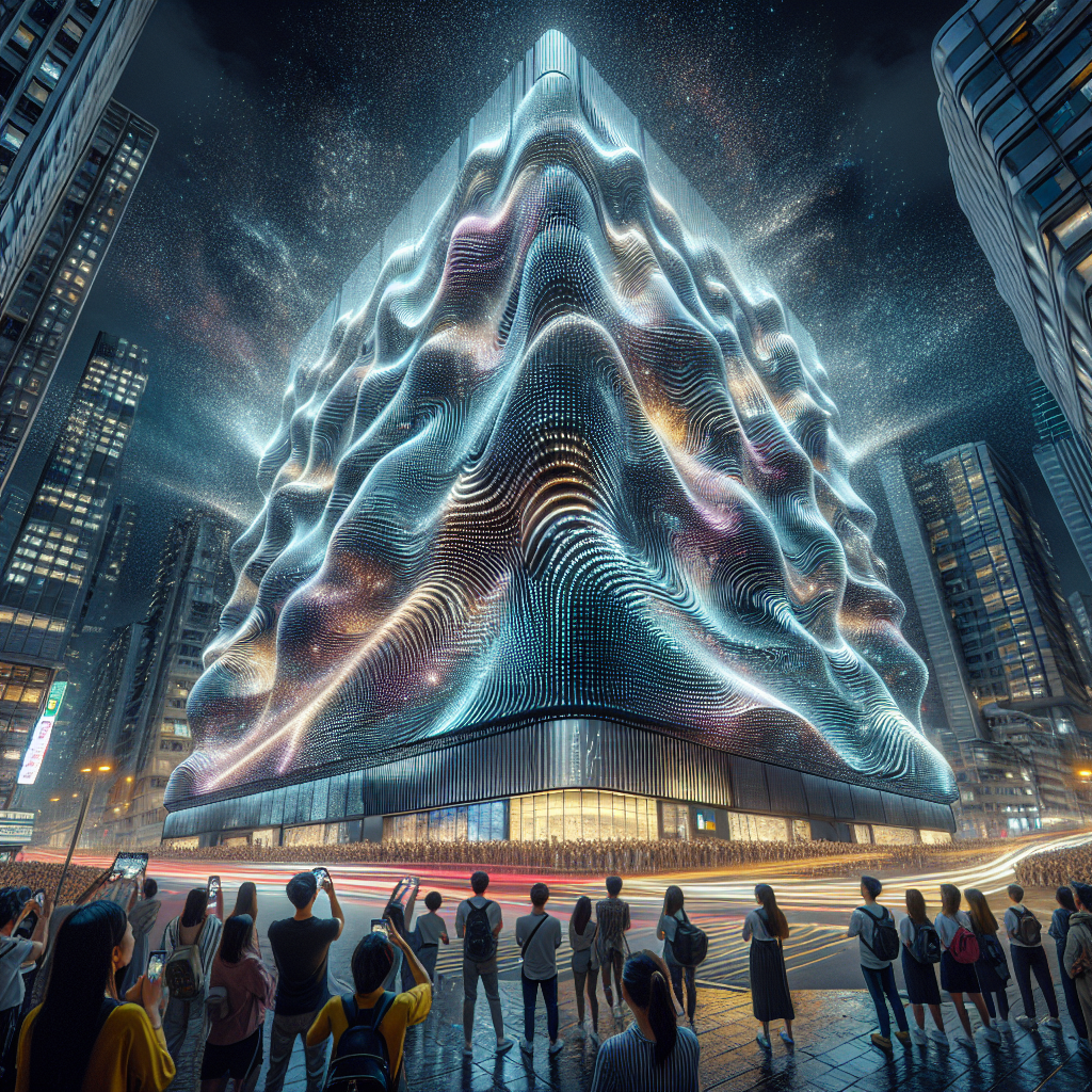 Hyperrealistic futuristic night cityscape with kinetic-tile building displaying wave-like metallic graffiti reflecting streetlights and amazed onlookers.