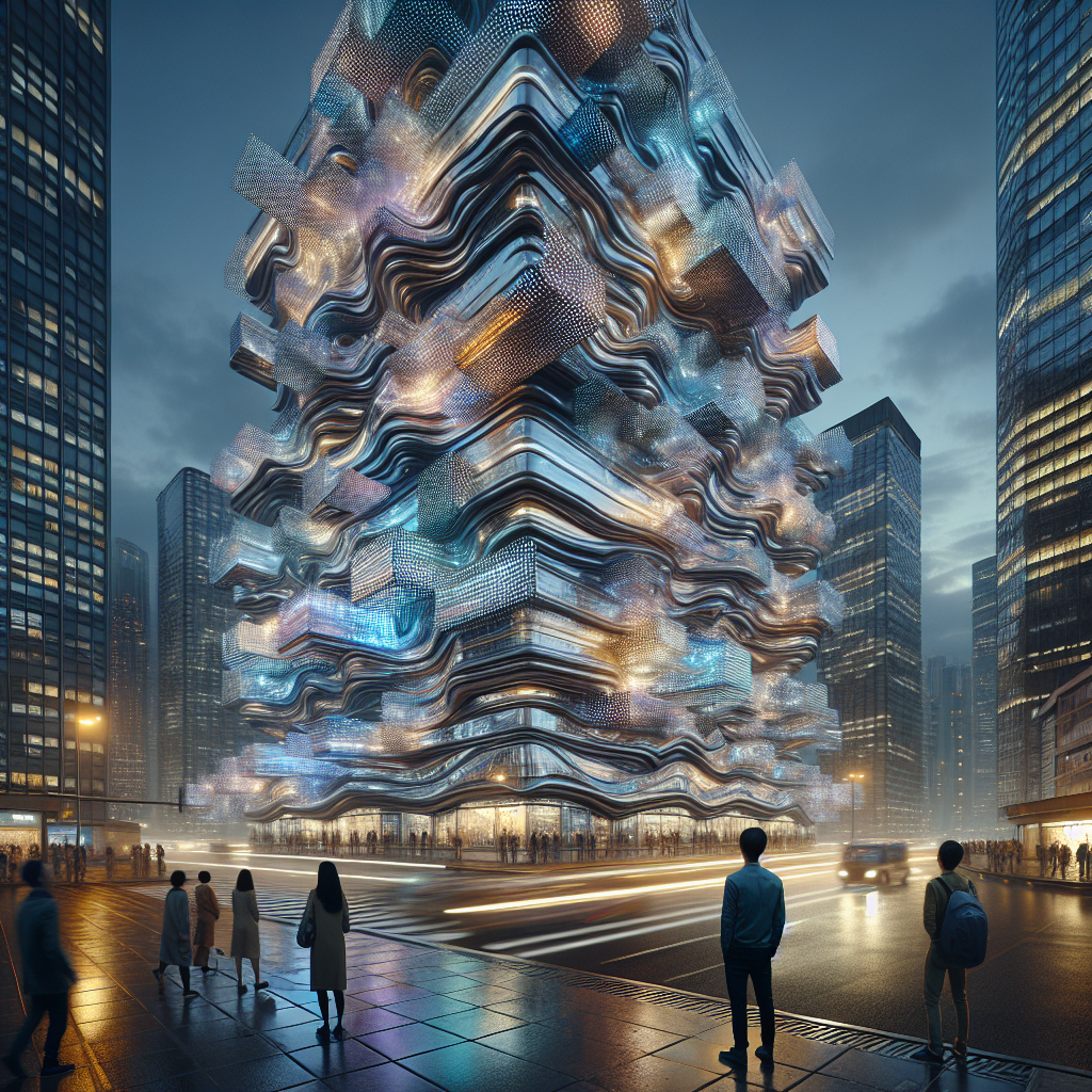 Hyperrealistic futuristic night cityscape with kinetic-tile building displaying wave-like metallic graffiti reflecting streetlights and amazed onlookers.