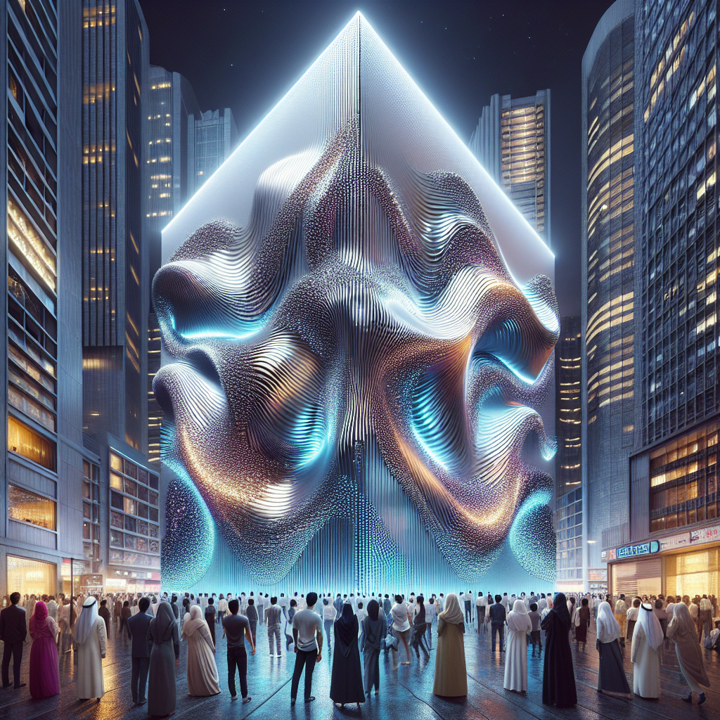 Hyperrealistic futuristic night cityscape with kinetic-tile building displaying wave-like metallic graffiti reflecting streetlights and amazed onlookers.