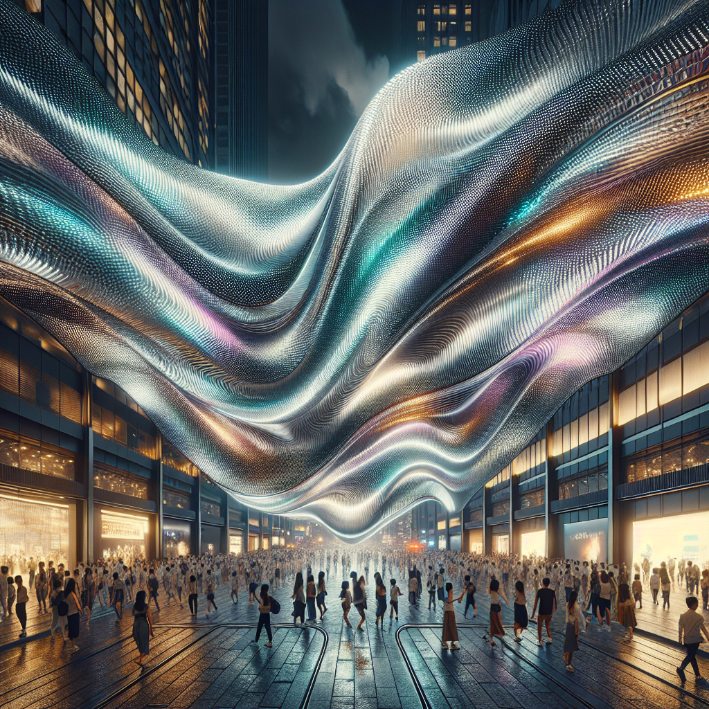 Hyperrealistic futuristic night cityscape with kinetic-tile building displaying wave-like metallic graffiti reflecting streetlights and amazed onlookers.