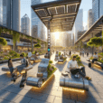 Hyperrealistic modern city plaza at golden hour with futuristic kinetic benches, diverse people, smart sensors, and sustainable urban design.