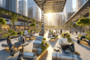 Hyperrealistic modern city plaza at golden hour with futuristic kinetic benches, diverse people, smart sensors, and sustainable urban design.