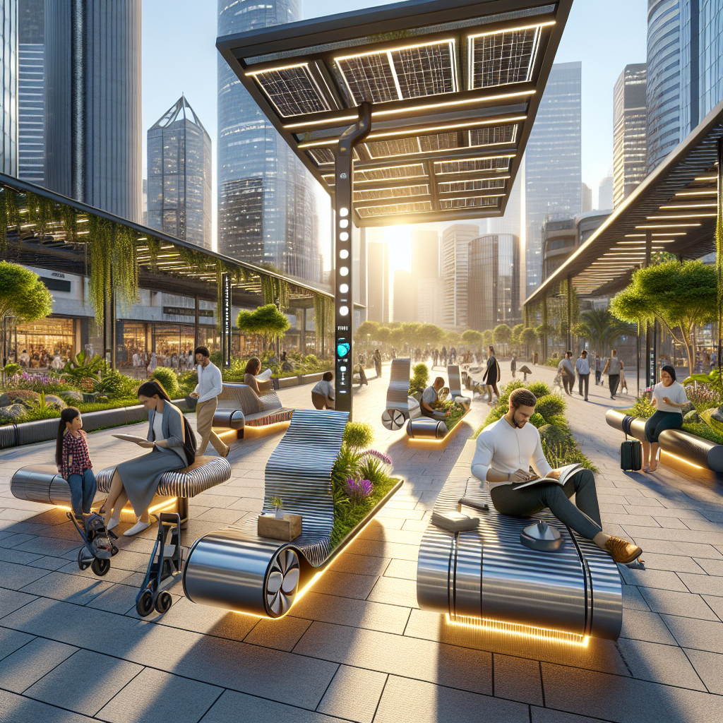 Hyperrealistic modern city plaza at golden hour with futuristic kinetic benches, diverse people, smart sensors, and sustainable urban design.