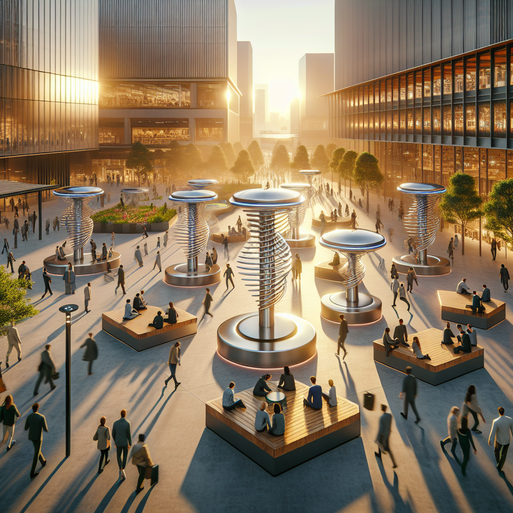 Hyperrealistic modern city plaza at golden hour with futuristic kinetic benches, diverse people, smart sensors, and sustainable urban design.