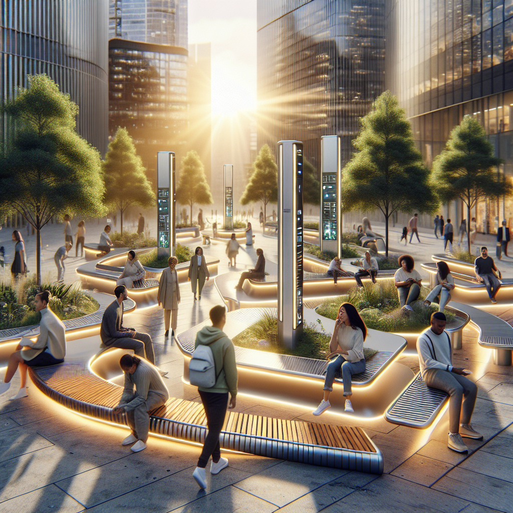 Hyperrealistic modern city plaza at golden hour with futuristic kinetic benches, diverse people, smart sensors, and sustainable urban design.