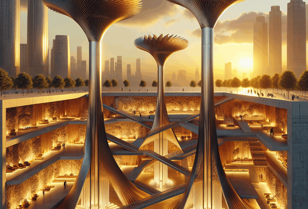 Hyperrealistic desert architecture at sunset featuring bronze and titanium kinetic wind-catcher spires with passive cooling and sustainable design.