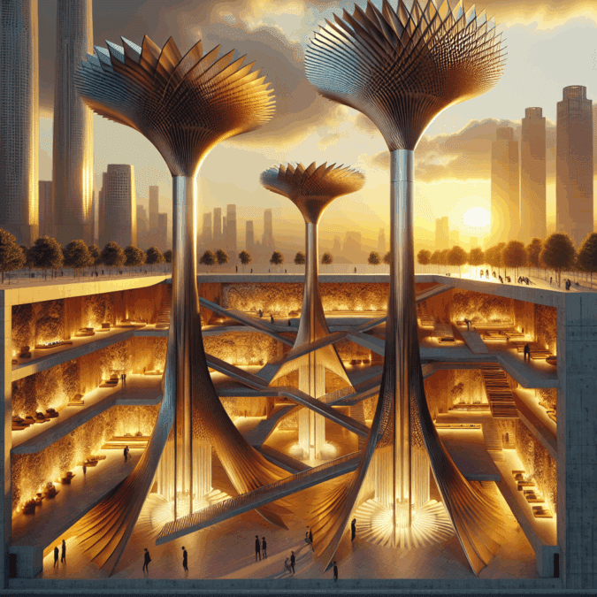 Hyperrealistic desert architecture at sunset featuring bronze and titanium kinetic wind-catcher spires with passive cooling and sustainable design.