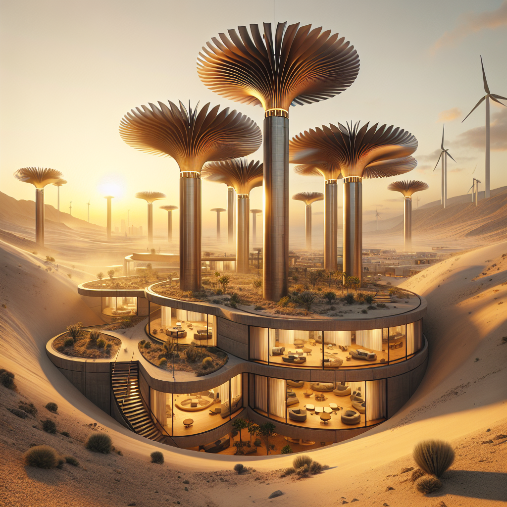 Hyperrealistic desert architecture at sunset featuring bronze and titanium kinetic wind-catcher spires with passive cooling and sustainable design.
