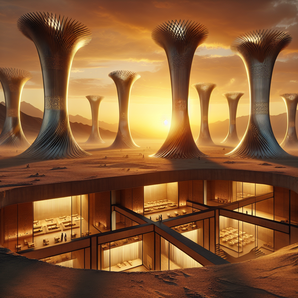 Hyperrealistic desert architecture at sunset featuring bronze and titanium kinetic wind-catcher spires with passive cooling and sustainable design.