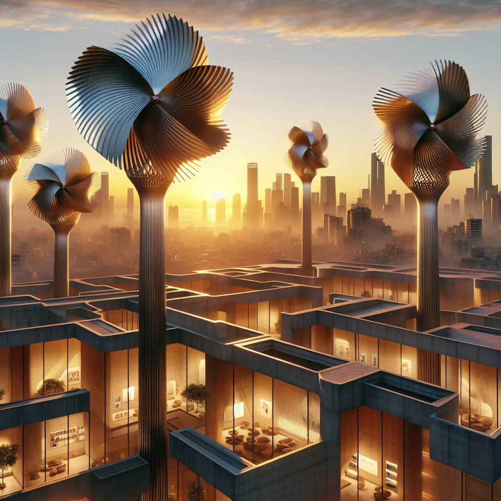 Hyperrealistic desert architecture at sunset featuring bronze and titanium kinetic wind-catcher spires with passive cooling and sustainable design.