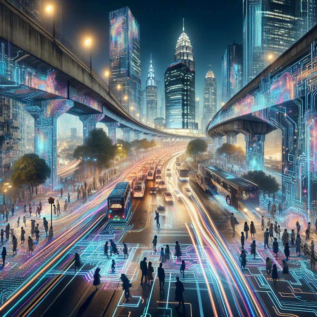 Hyperrealistic futuristic nighttime cityscape with interactive LED graffiti illuminating urban architecture, bridges, and glowing streets.