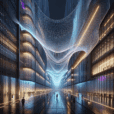 Hyperrealistic night cityscape of LED-woven textile corridor glowing in blue, violet, and amber between futuristic buildings with reflective wet streets.