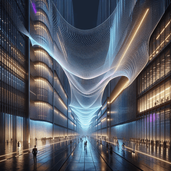 Hyperrealistic night cityscape of LED-woven textile corridor glowing in blue, violet, and amber between futuristic buildings with reflective wet streets.