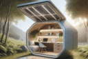 Hyperrealistic collapsible nomadic office pod in nature, showcasing sustainable modular design, solar panels, and ergonomic workspace.