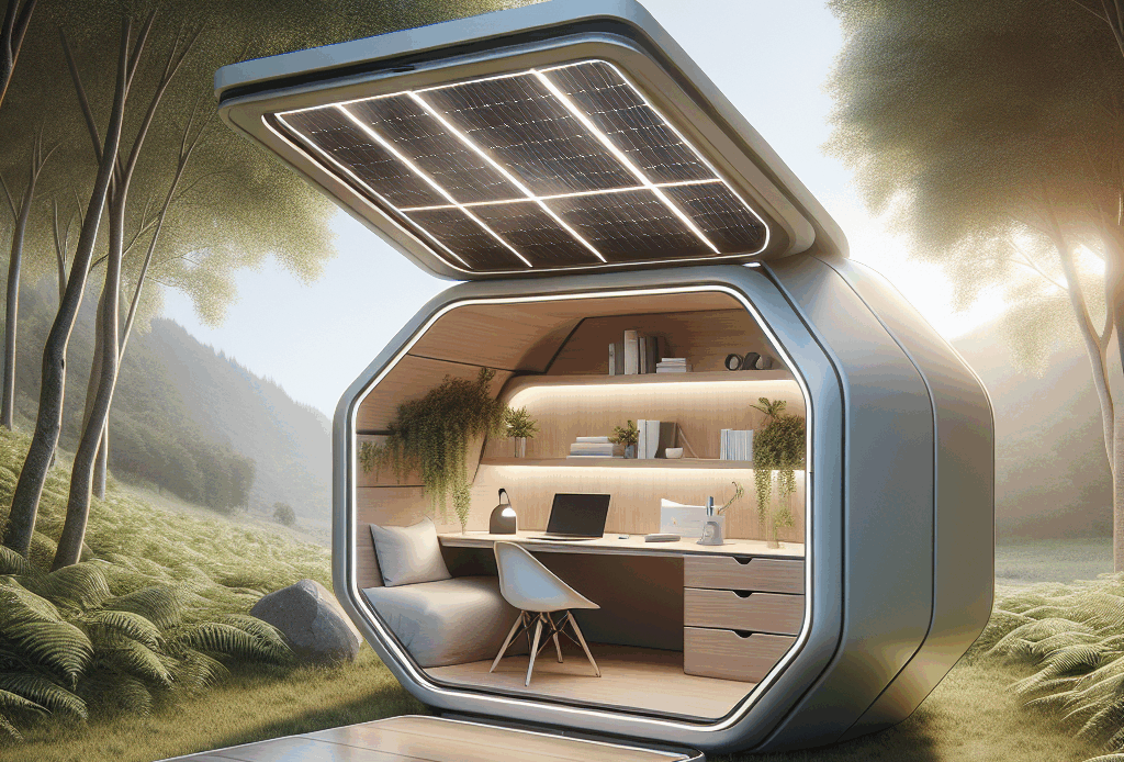 Hyperrealistic collapsible nomadic office pod in nature, showcasing sustainable modular design, solar panels, and ergonomic workspace.