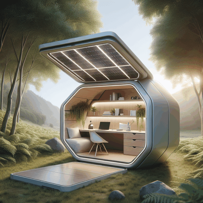 Hyperrealistic collapsible nomadic office pod in nature, showcasing sustainable modular design, solar panels, and ergonomic workspace.