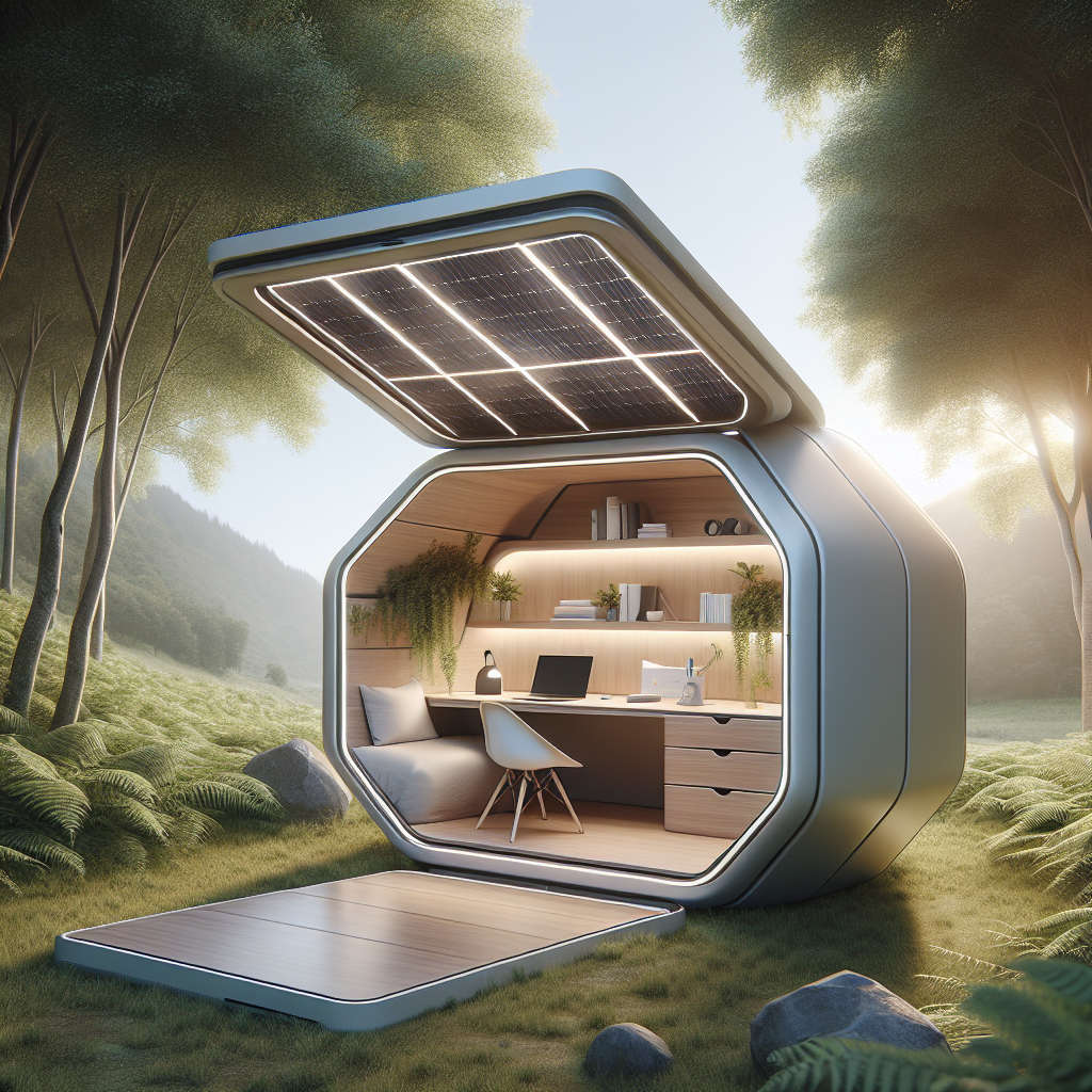Hyperrealistic collapsible nomadic office pod in nature, showcasing sustainable modular design, solar panels, and ergonomic workspace.