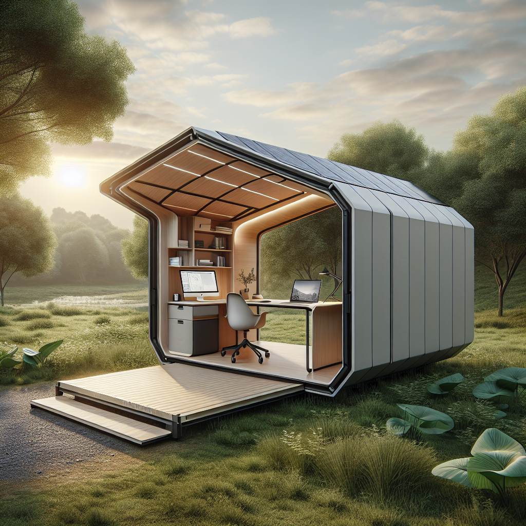 Hyperrealistic collapsible nomadic office pod in nature, showcasing sustainable modular design, solar panels, and ergonomic workspace.