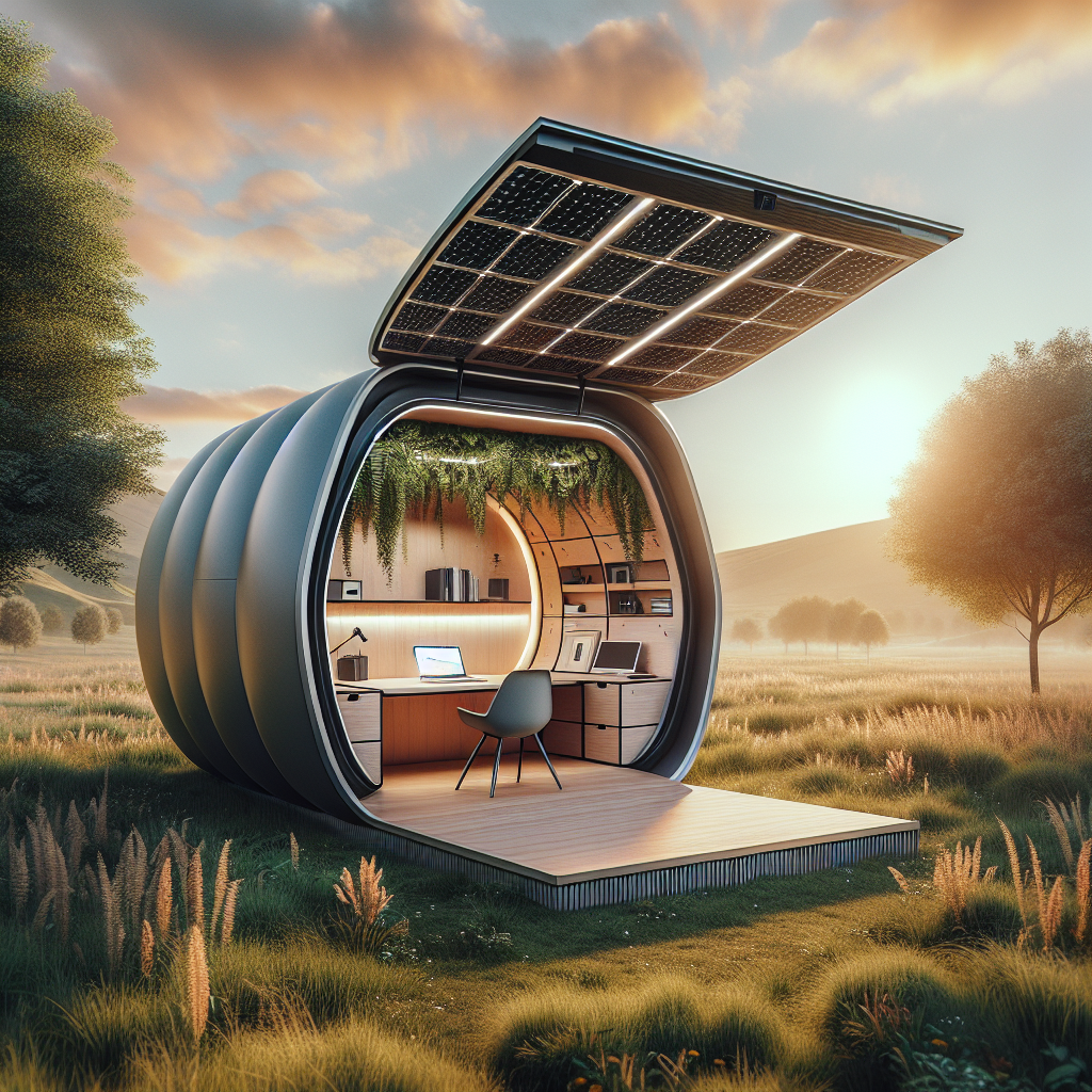 Hyperrealistic collapsible nomadic office pod in nature, showcasing sustainable modular design, solar panels, and ergonomic workspace.